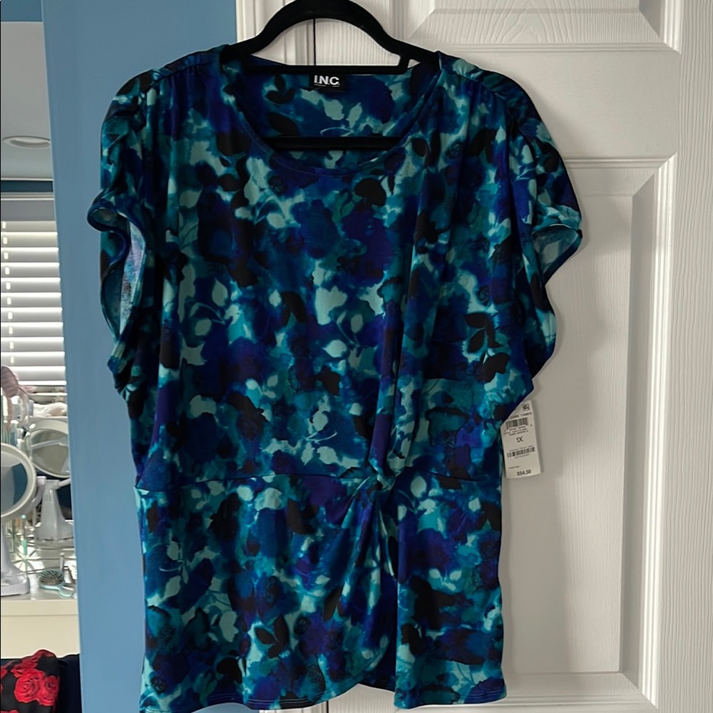 INC International Concepts Blue Tie-Dye Short Sleeve Blouse